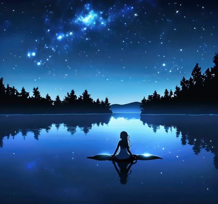 A dreamy lake and a girl sleeping on the water。It&#39;s night、The sky is full of stars.。Using lights as graphics。