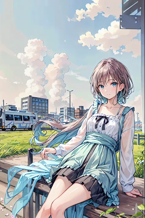 (((Best Quality)))), Realistic, Genuine, beautiful and amazing landscape with a bus on the road oil painting スタジオジブリ Hayao Miyazaki pasture petals with blue sky and white clouds,  The bus heads west, Brown Hair，Shortcuts，Messy Hair，Short braided hair，Neat，...