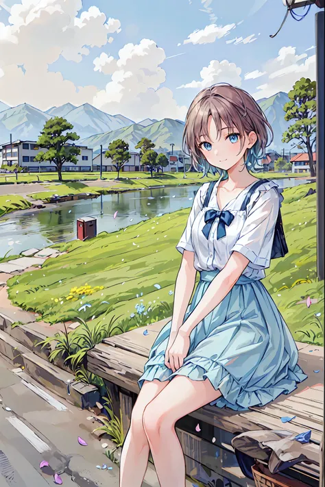 (((Best Quality)))), Realistic, Genuine, beautiful and amazing landscape with a bus on the road oil painting スタジオジブリ Hayao Miyazaki pasture petals with blue sky and white clouds,  The bus heads west, Brown Hair，Shortcuts，Messy Hair，Short braided hair，Neat，...