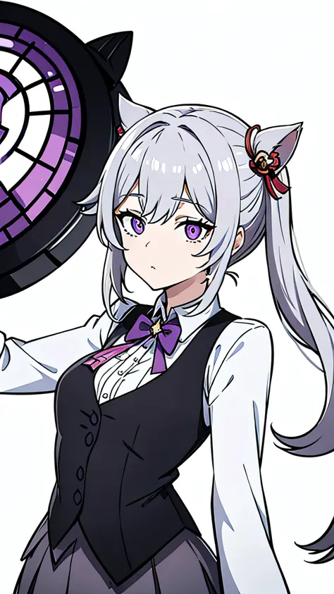 Cat-girl, gray hair, purple eyes, white blouse, black vest, empty background, Lynette from genshin impact, 