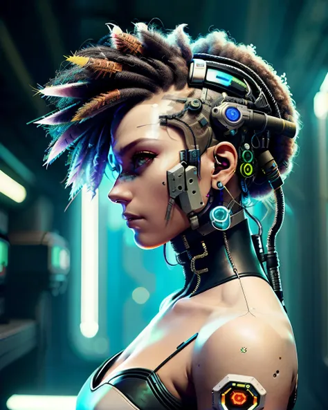 There was a woman wearing a headdress，Wearing a camera on his head, Hyper-realistic cyberpunk style, cyberpunk headset, Cyberpunk Style ， Hyperrealistic, styled like ghost in the shell, muted cyberpunk style, Cyberpunk headdress, cyberpunk transhumanist, h...