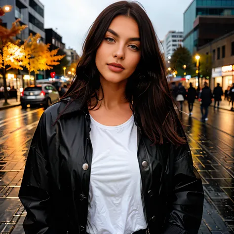 beautiful brunette,leder jacke, herbst, fashion, rain drop