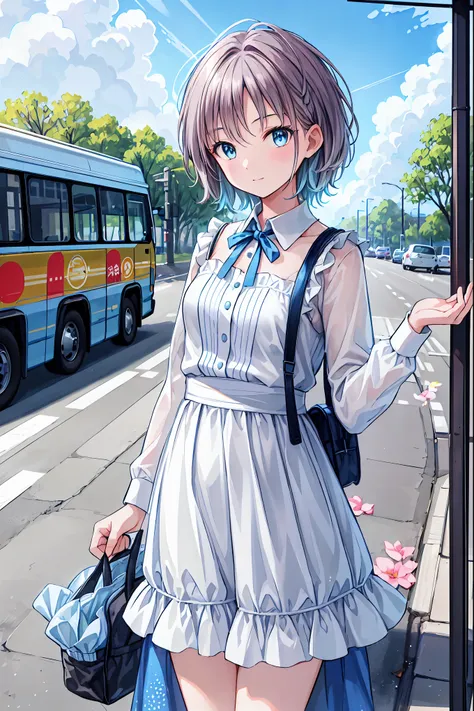 (((Best Quality)))), Realistic, Genuine, beautiful and amazing landscape with a bus on the road oil painting スタジオジブリ Hayao Miyazaki pasture petals with blue sky and white clouds,  The bus heads west, Brown Hair，Shortcuts，Messy Hair，Short braided hair，Neat，...