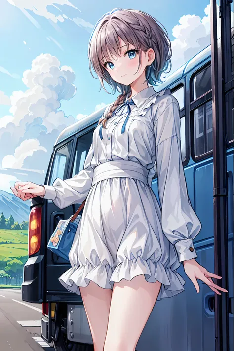 (((Best Quality)))), Realistic, Genuine, beautiful and amazing landscape with a bus on the road oil painting スタジオジブリ Hayao Miyazaki pasture petals with blue sky and white clouds,  The bus heads west, Brown Hair，Shortcuts，Messy Hair，Short braided hair，Neat，...