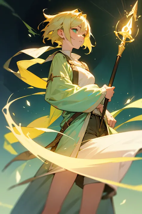 Create an anime-style female characte around 20 years old with short blonde hair that has a light green tint. She has a cute, innocent expression with big green eyes. She is dressed in light mages attire consisting of shorts and a loose, flowing shirt, des...