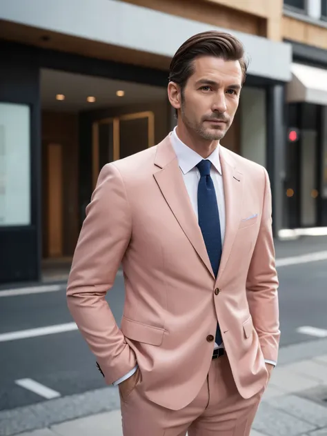 Handsome European man in his 40s、Like handsome guy、Please face forward、Brown short hair, salmon
 pink color suit，blue shirt，Hands in pockets .

