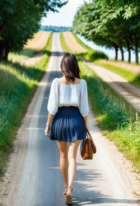 Back view of a young woman walking along a beautiful country road,blouse,summer mudium skirt