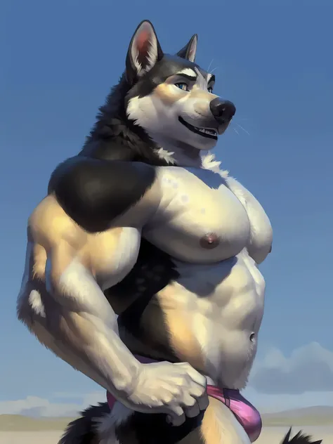 alaskan malamute, husky, husky body:1.1, black fur, white fur, high quality, best resolution, posted on e621, male, adult, solo, masculine, very muscular:1.5, heavyweight body:1.5, (big pecs, large pectorals):1.6, biceps, speedos, dog, anthro body, (simple...