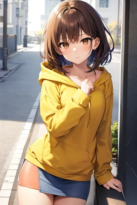 Please draw the whole body of a girl wearing a yellow hoodie and a miniskirt.。With light brown hair、Hair length is shoulder length。。No hood on。I&#39;m wearing sneakers。「Go ahead.」He said, sticking his hand out in front of him.。He has a determined look on h...