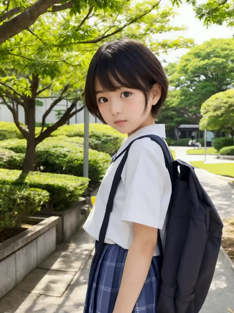 Japanese elementary school girl, short hair, , baby face, park with lots of greenery, casual clothes