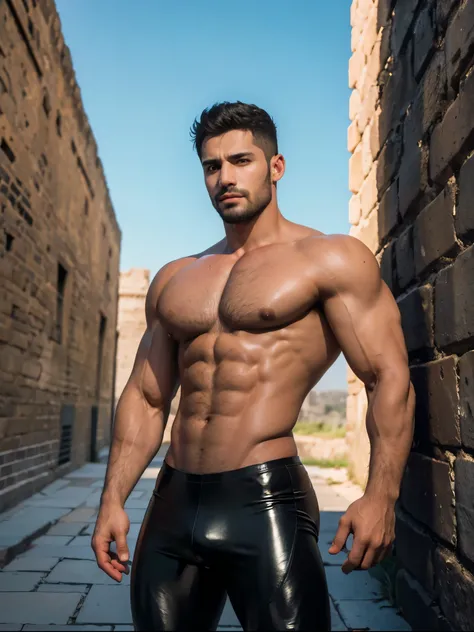 (Masterpiece, Hyperrealistic, 8k, HDR, RAW), ((Natural illumination)), sunset illumination, warm illumination, ((Standing)), (((Outside the walls of a Persian Citadel))), ((handsome man)),, bad boy, ((Tanned skin)), 2, ((Muscular abs)), ((Short hair)), ((T...