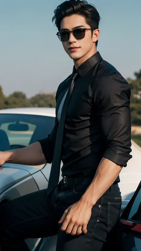 (Men)), (full body shot), (side view), (half body view), (Handsome muscular man in his 30s wearing black pilot sunglasses, and luxury black blue shirt with necktie), zi wang (Prince chiu), Mischievous smile, (detail: 1 in 1), Natural muscles, HIG quality, ...