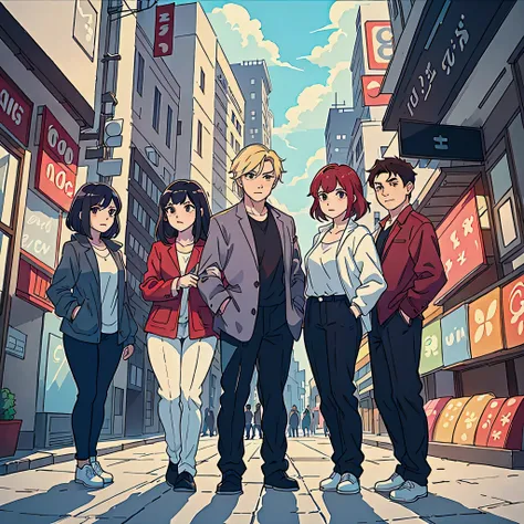 Draw 5 people, consisting of 3 women and 2 men, standing casually in a city. anime style drawing