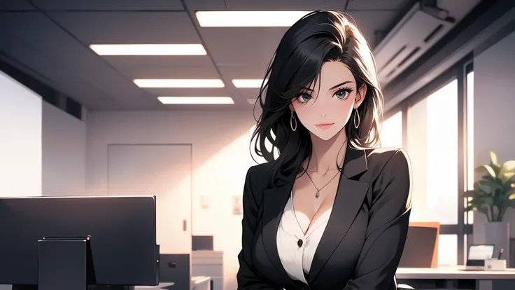 1 woman, office, wearing a black blazer loosely draped over her shoulders, relaxed pose, loose button, no underwear, gorgeous cleavage, looking at the camera, professional yet intimate atmosphere
