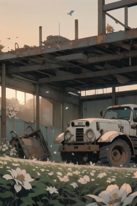 Detailed Machinery、Abandoned Factory、Atrium、(((White Flower Field)))、(((Rusty heavy equipment)))、Gorgeous light leaks、(((Sunset)))、fog、Detailed Background、Highest quality、(((No humans)))、Broken heavy machinery、Complex heavy machinery、Faint lighting、(((Flut...