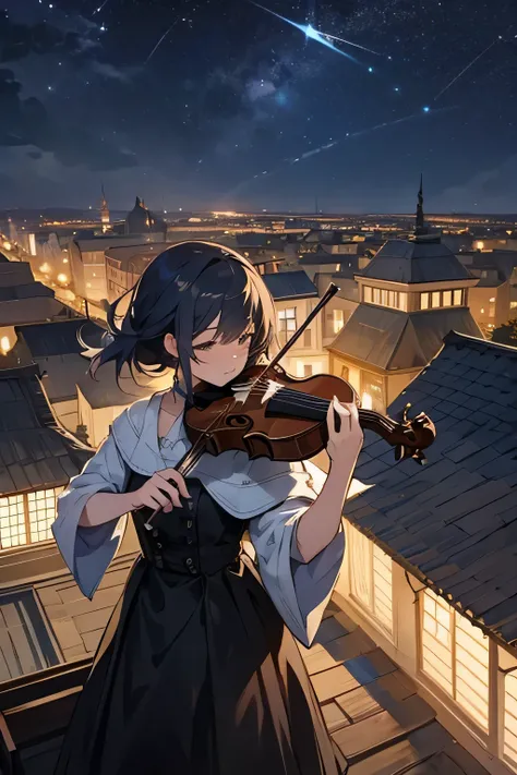 Playing the violin on the rooftop of a building with a beautiful starry sky