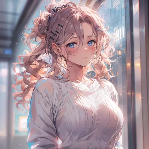 One Girl, Curly Ponytail, smile, blue eyes, Wink, Turning sideways to face the viewer, 、Wear a white sweater, (entrance), (（morning）), masterpiece, 8k, Perfect lighting, The perfect outfit, Perfect Anatomy, Perfect Eyes, Perfect Face, Sharp resolution, Sha...