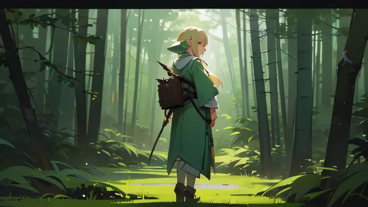 Please draw a full-body illustration of a blonde elf girl standing with her back to the camera.。She was wearing green traveling clothes.、Facing the back of the screen。Add forest and natural elements to the background、Create a fantastic atmosphere。