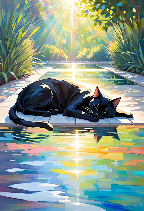 Abstract painting. Impressionist, (full body)  Long shot, shot of a black cat sleeping. light beam,  outdoor environment, watery patterns and light play, tranquil and calming atmosphere, front view, vibrant colors, gentle light diffusion, painterly style, ...