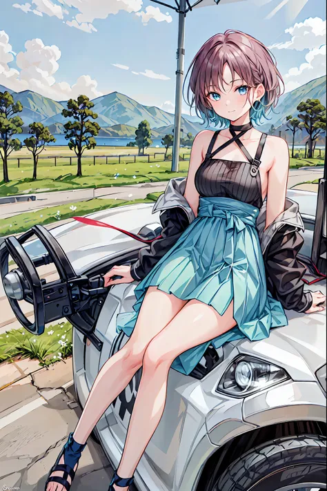 A Combicar driving south on a dirt road on a sunny day, The scene on the left shows a large ocean.、On the right is a mountain full of life.々There is .Brown Hair，Shortcuts，Messy Hair，Short braided hair，Neat，Slender beauty，A dignified posture，Small chest，Bea...