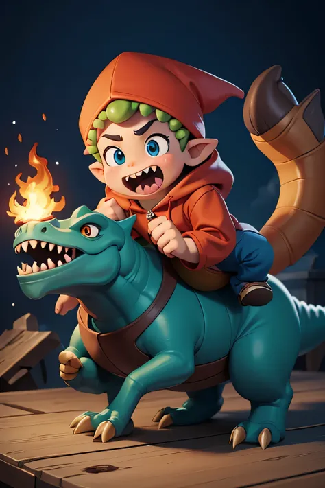 An hooded gnome riding a toy dinosaur spitting fire, cartoon style