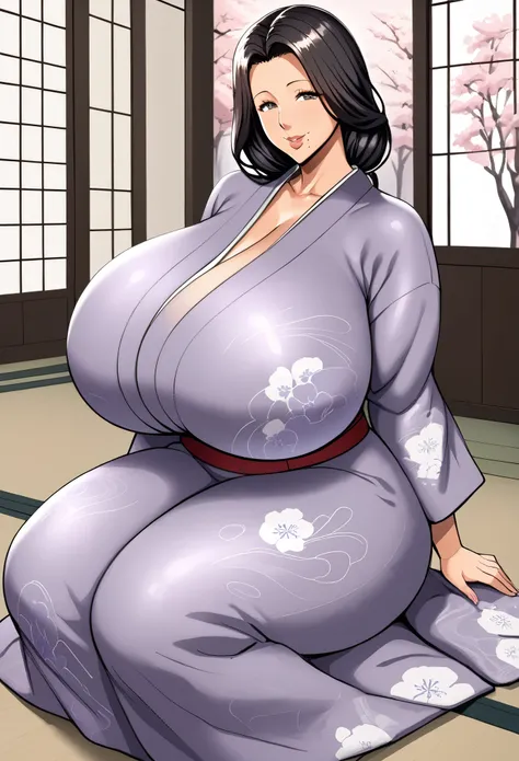 there's an anime character with huge breasts sitting on the floor wearing a kimono, 1girl, mature female, solo, breasts, japanes...