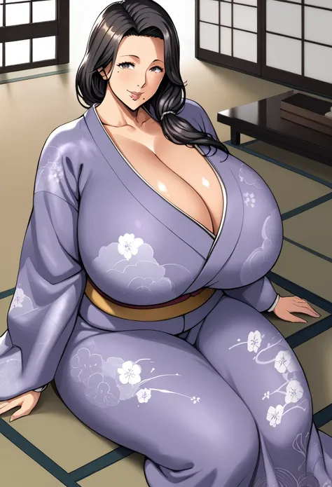 there's an anime character with huge breasts sitting on the floor wearing a kimono, 1girl, mature female, solo, breasts, japanes...