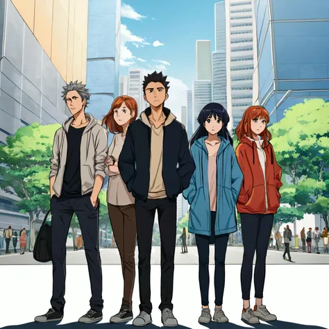 Draw 5 people, consisting of 3 women and 2 men, standing casually in a city. anime style drawing