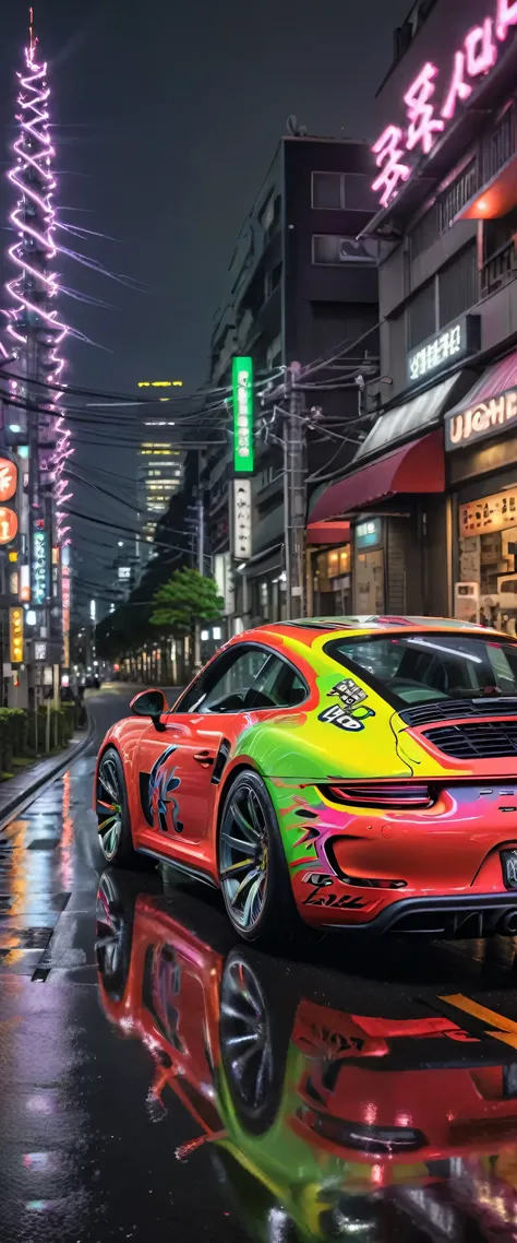 Porsche in Tokyo, neon paint, electromagnets as wheels, wheels of lightning, add detail, night photo, reflections, 4k, uhd, hdr