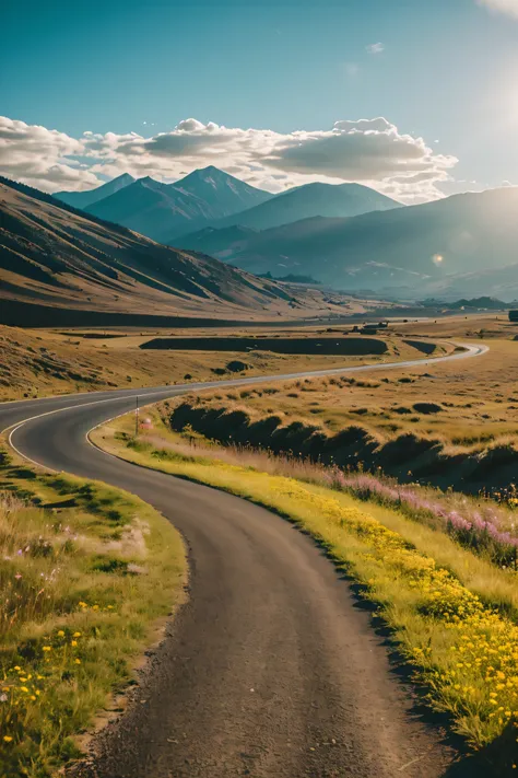 A noon in summer, plenty of sunshine, a road with a clear background, endless grass beside the road, rugged mountains in the distance, lakes in the distance, (high detail RAW photo), (Masterpiece, realistic, dramatic and cinematic lighting, key light, fill...