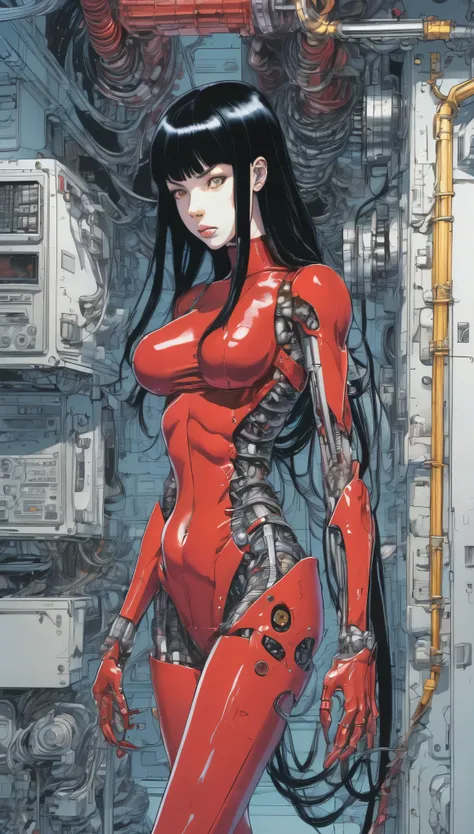 1 Human Female Demon Cyborg , Tube leading to wall、beautiful、Long black hair、Pigtails、Mechanical limbs、Red turtleneck tight、(Color ink drawing by Katsuhiro Otomo)