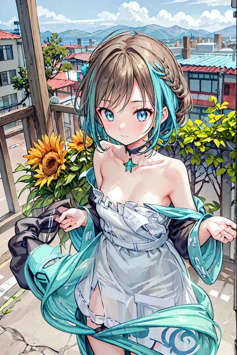 A Combicar driving south on a dirt road on a sunny day, The scene on the left shows a large ocean.、On the right is a mountain full of life.々There is，Emerald Green，camisole，((From above:1.2)),Brown Hair，Shortcuts，Messy Hair，Short braided hair，Neat，Slender b...