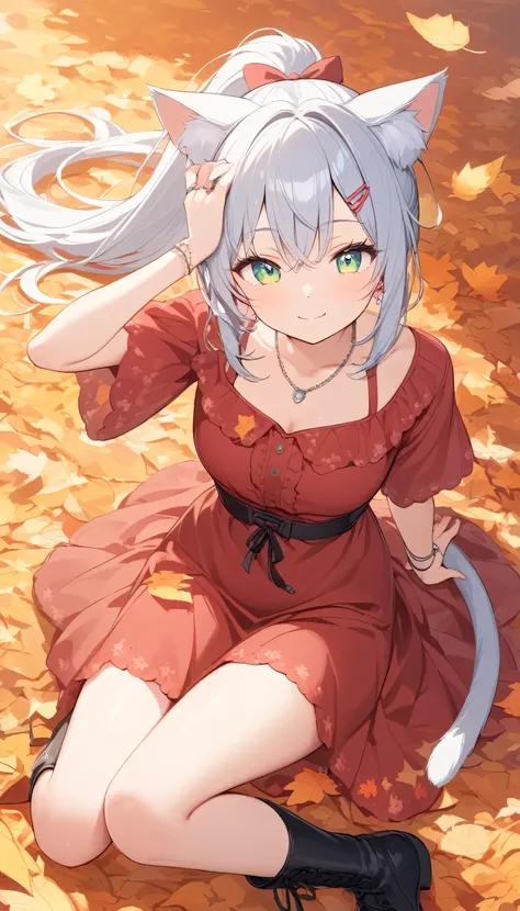 Woman lying on top of large amount of orange fallen leaves, autumn leaves, happy smile, cat ears and tail, ((silver hair)), ((ponytail)), smiling, teenage girl, clear lenses, (green eyes), earrings, hair clip, necklace, ring, looking down from above, dress...