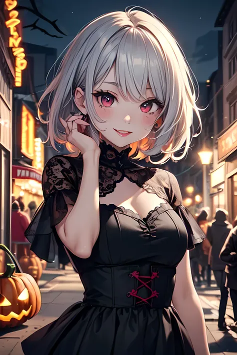 ((masterpiece)), ((best quality)), (ultra-detailed), ((kawaii)), cute, (lovely), ((extremely detailed)), 4K, (8K), best quality, (beautiful), illustration, ((upper body)), (arm up), a pretty woman, young woman, (in spooky Halloween outfit), enjoying city f...