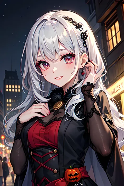 ((masterpiece)), ((best quality)), (ultra-detailed), ((kawaii)), cute, (lovely), ((extremely detailed)), 4K, (8K), best quality, (beautiful), illustration, ((upper body)), (arm up), a pretty woman, young woman, (in spooky Halloween outfit), enjoying city f...