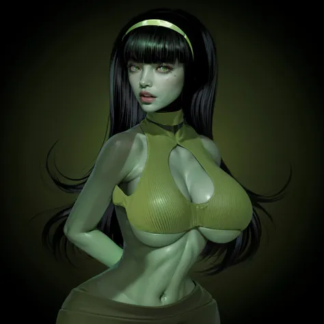 a close up of a woman with a green top and black hair, green skinned, alien woman, alien girl, female alien, hot reptile humanoid woman, green colored skin, greenish skin, green colored skin!!, green skin, green skin!, matte digital illustration, alien pri...