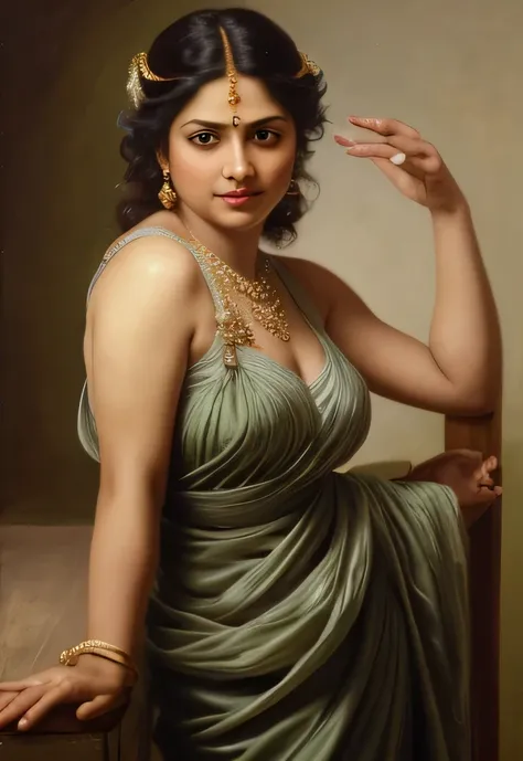 Beautiful Indian Woman, wearing saree, sari Beauty, gorgeous, Apsara, Maharani, royal queen woman, nymph from Hindu Mythology, Urvashi, matchless beauty, Highly detailed, Oil Painting by Peter Paul Rubens inspired by Raja Ravi Varma, Matchless beauty, capt...