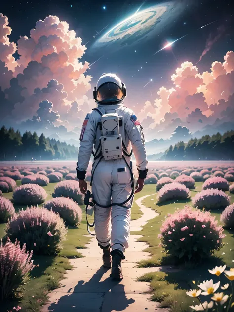 Astronaut walks through a sea of flowers dotted with pink clouds，Lonely Astronaut，Astronauts cannot leave this planet，The astronaut is lost in the infinite universe.