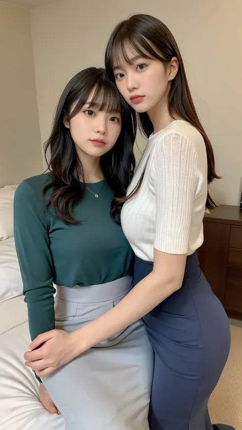 A composition that shows the subject up to the knees、(masterpiece,Best Quality,Ultra-high resolution),Extremely detailed CG,Bob hair with bangs、Beautiful and well-proportioned face、(((Two very beautiful Japanese women))),((Both are wearing high waisted mer...