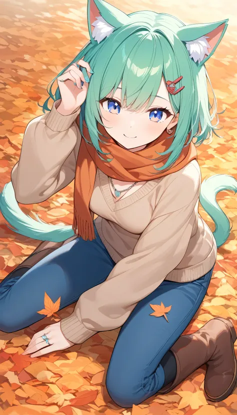 Woman lying on top of large amount of orange fallen leaves, autumn leaves, happy smile, cat ears and tail, ((green hair)), ((low twin tail)), smiling, teenage girl, clear lenses, (blue eyes), earrings, hair clip, necklace, ring, looking down from above, br...