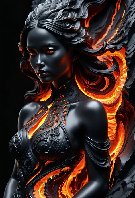 Captivating digital art of a woman, skillfully sculpted from a harmonious blend of cold, unyielding stone and vibrant, flowing molten lava, her form etched with intricate details rendered in hyper-realistic fashion. A stark black background pushes her into...