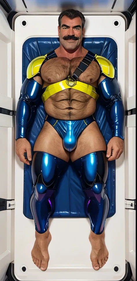 full body portrait, strong burly hairy mature older man(space captain), wearing futuristic captains uniform insignia (neon and black) (open and revealing) (latex) , gray hair, broad shoulders, round belly, thick feet, bulging micro thong, barefoot, scifi s...