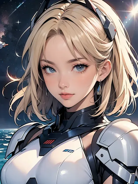 (((masterpiece))),16k,Best Quality, Illustration, Earth, water,,wind,space,One woman,Blonde,Beautiful Mecha,Shiny Armor,ガッチャマンwind,headgear,Beautiful Face,scarf,paper_cut