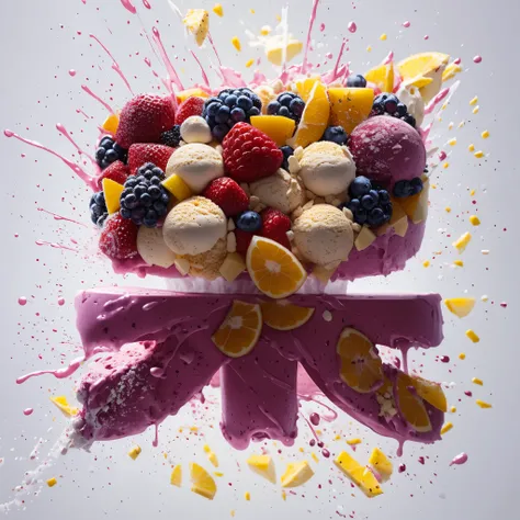 The explosion of fruit ice cream, Highly detailed, Very realistic, Bright environment