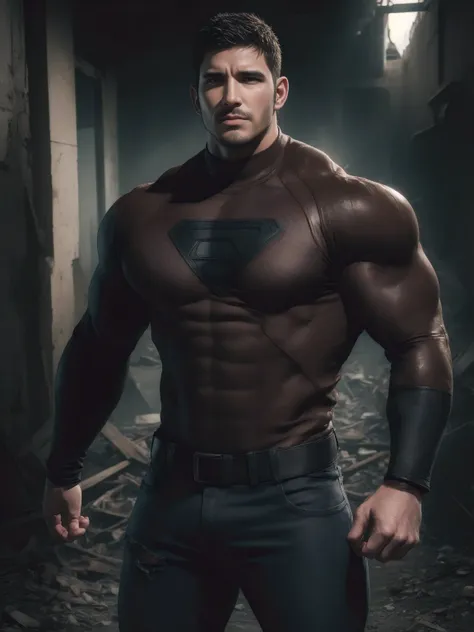 Angry super Muscular man,  Flat head，Ruins in abandoned city, Wear a long-sleeved brown superhero Black Panther bodysuit, Brown denim texture，His expression was arrogant, Lift your chin, Messy hair, Thick thighs, High target Neck Long Sleeve Gray Brown Sup...