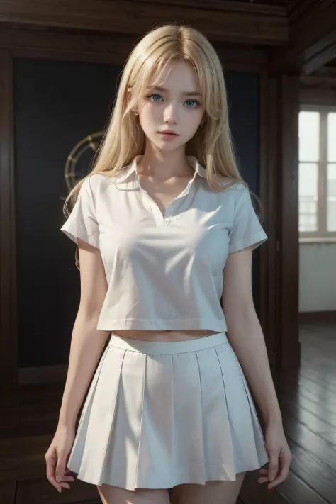 ((masterpiece)), ((best quality)), ((highres)), ((detailed background)), ((extremely detailed CG unity 8k wallpaper)), solo, blonde hair, long hair, blue eyes, ((white shirt)), ((brown skirt))