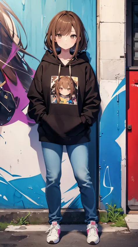 Anime girl leaning against a wall、Girl with handbag in pocket.Brown hair and hazel eyes.Wearing a hoodie and jeans.Painting on the wall at night.Graffiti Art One Girl, High resolution, masterpiece, High image quality,