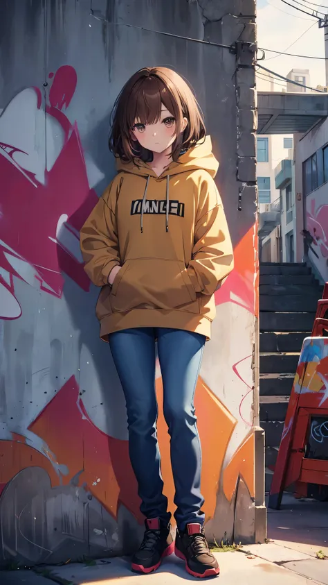 Anime girl leaning against a wall、Girl with handbag in pocket.Brown hair and hazel eyes.Wearing a hoodie and jeans.Painting on the wall at night.Graffiti Art One Girl, High resolution, masterpiece, High image quality,