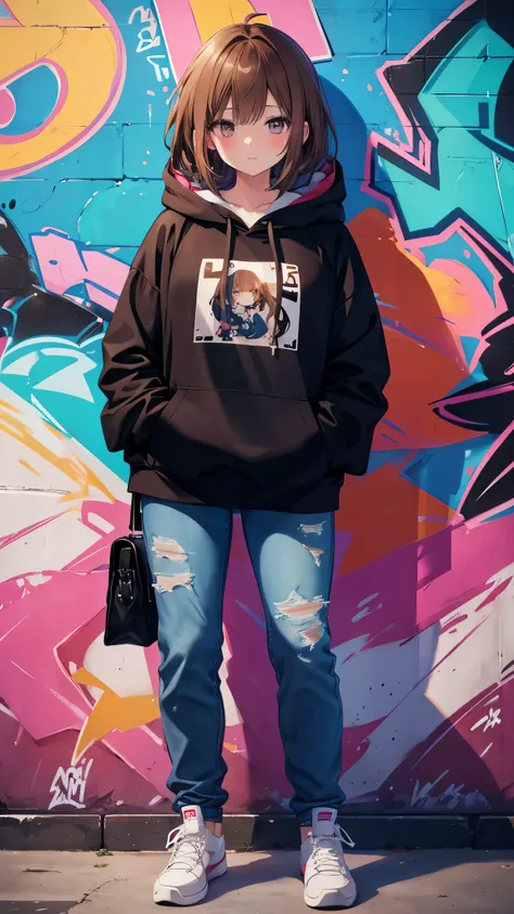 Anime girl leaning against a wall、Girl with handbag in pocket.Brown hair and hazel eyes.Wearing a hoodie and jeans.Painting on the wall at night.Graffiti Art One Girl, High resolution, masterpiece, High image quality,