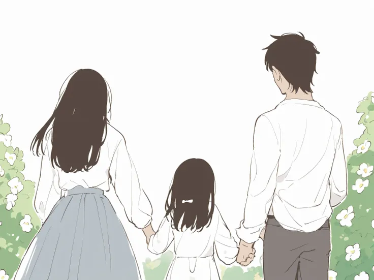 woman, child and man, hold hands, stand back, flowers around 